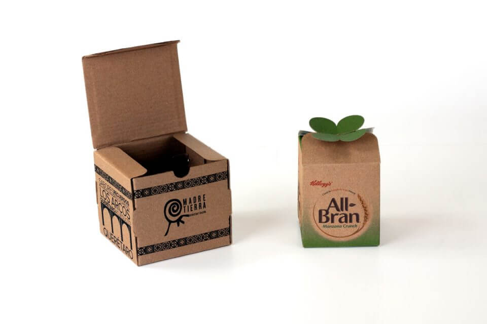 Caja plegadiza ecológica elaborada en catulina kraft con suaje especial.